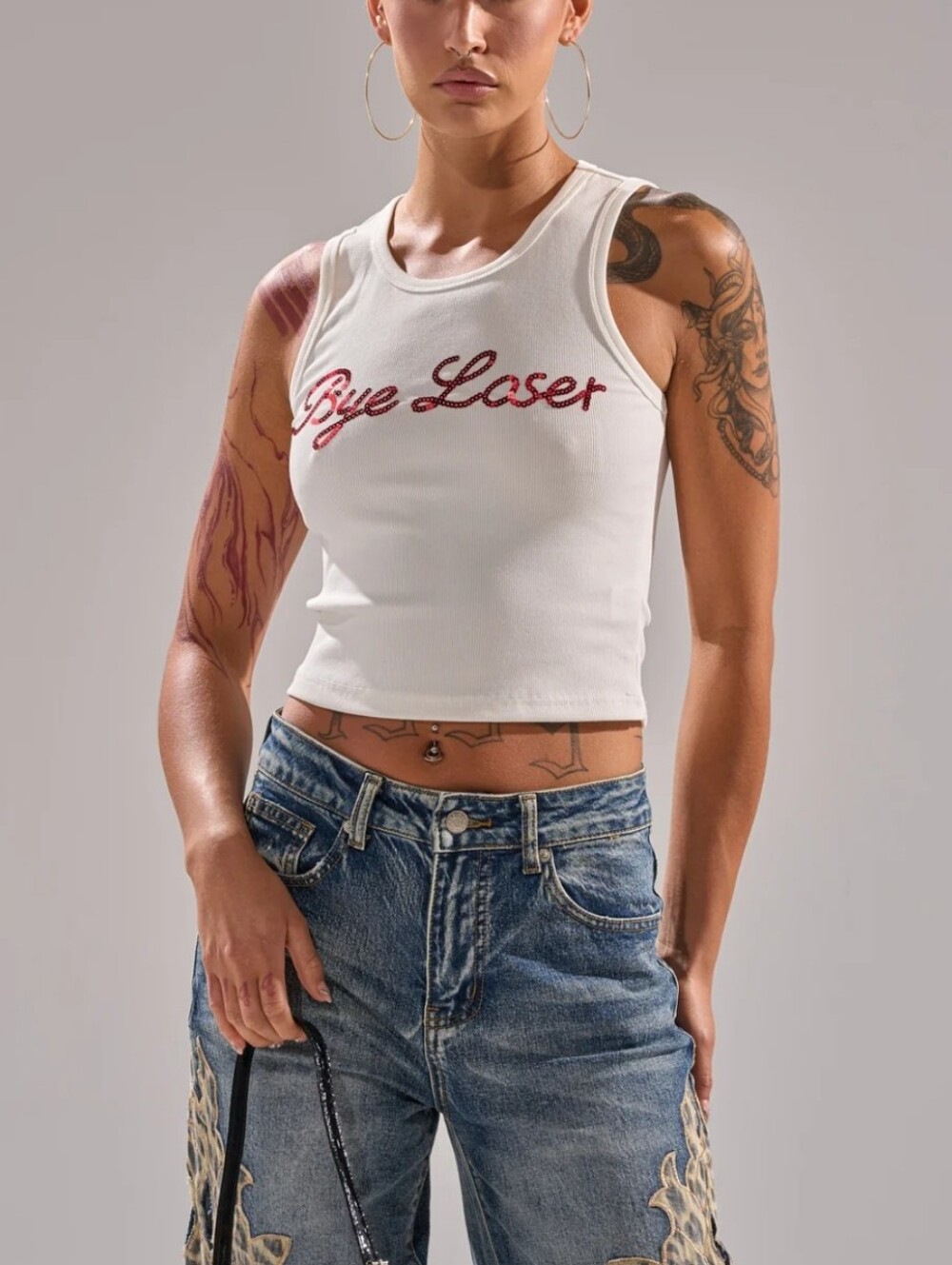 NEW Akira White Crop "Bye Loser" Sequin Ribbed Tank Top Women's L